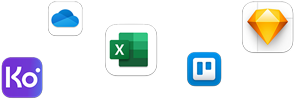 Varios íconos de apps dispersos, como Daylite, Trello, Microsoft Excel, TrueContext, Sketch y Microsoft OneDrive